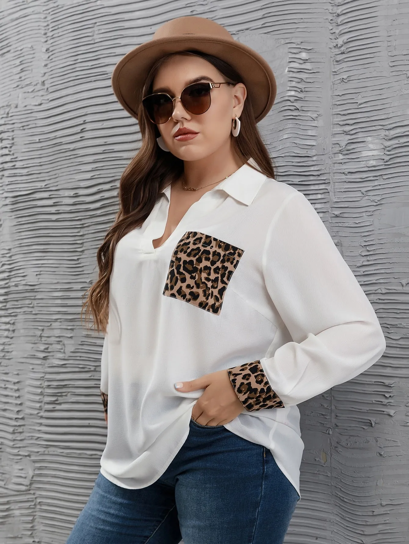 Leopard Pocket Long Sleeve Collar Semi-Sheer Long Plus Size Blouse