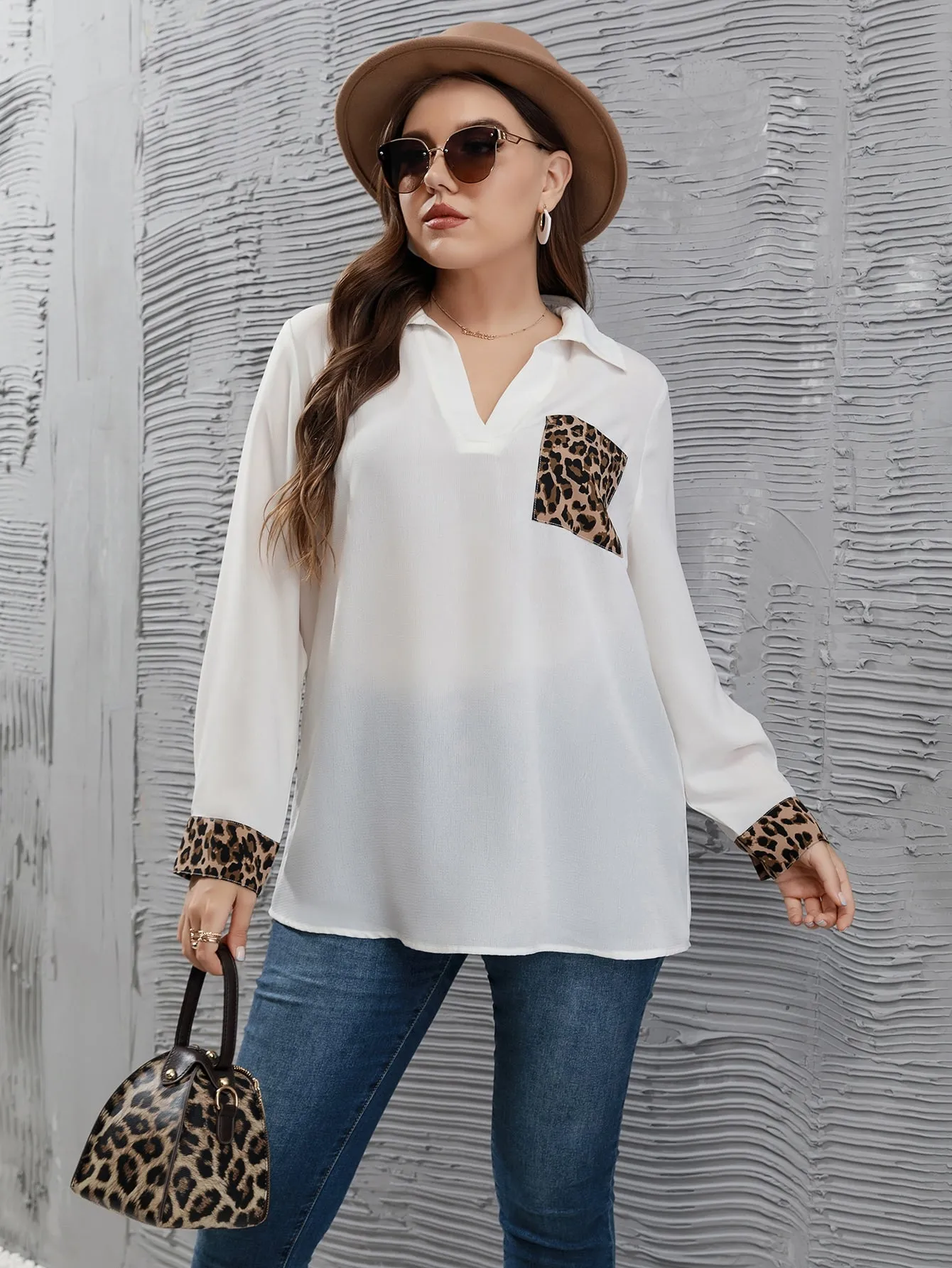 Leopard Pocket Long Sleeve Collar Semi-Sheer Long Plus Size Blouse