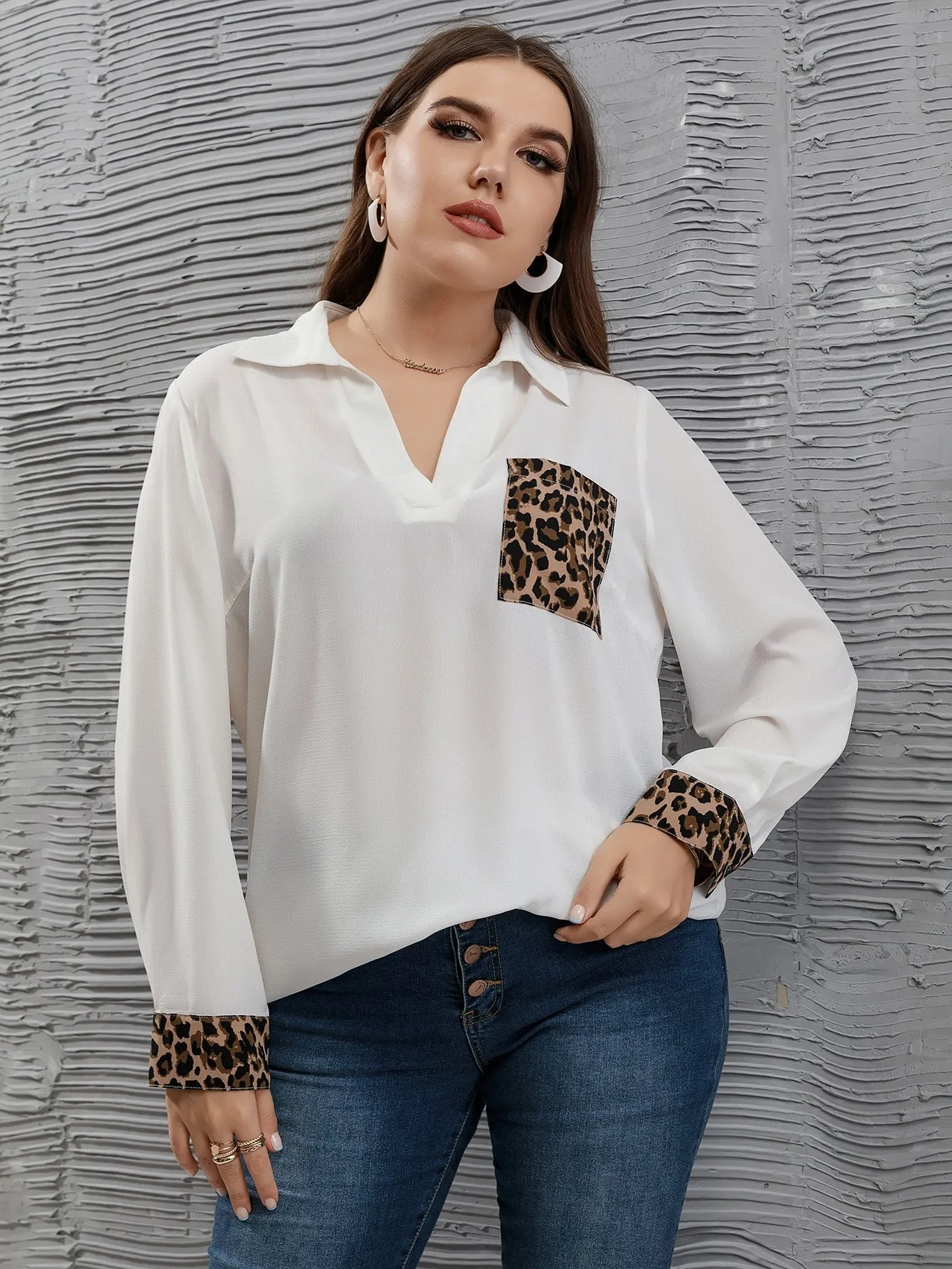 Leopard Pocket Long Sleeve Collar Semi-Sheer Long Plus Size Blouse