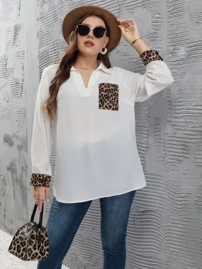 Leopard Pocket Long Sleeve Collar Semi-Sheer Long Plus Size Blouse