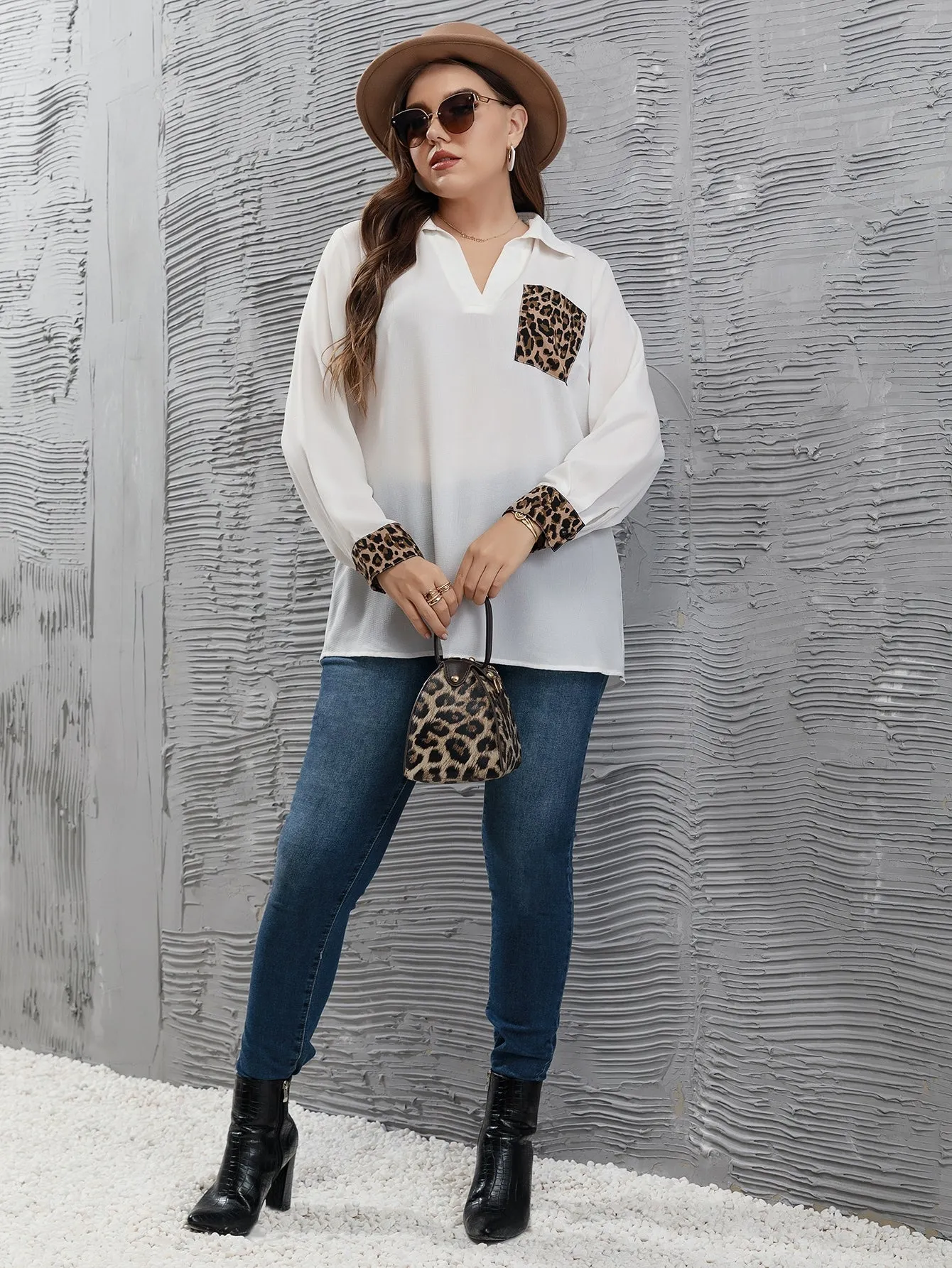 Leopard Pocket Long Sleeve Collar Semi-Sheer Long Plus Size Blouse