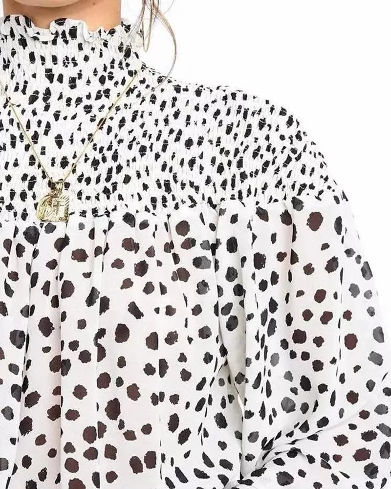 Leopard Print High Neck Lantern Long Sleeve Tied Detail Blouse Loose Casual Tops