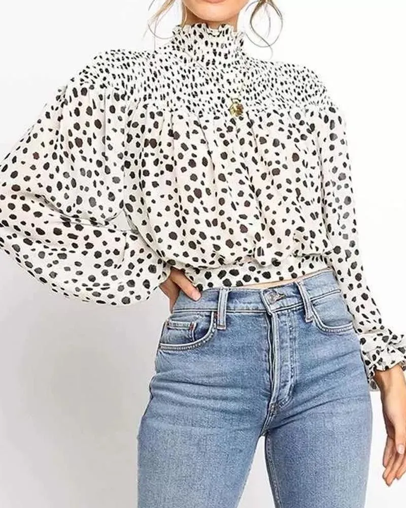 Leopard Print High Neck Lantern Long Sleeve Tied Detail Blouse Loose Casual Tops