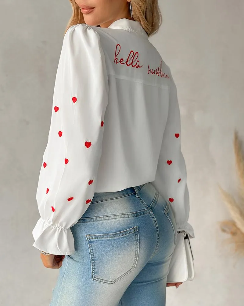 Letter Heart Embroidery Buttoned Top