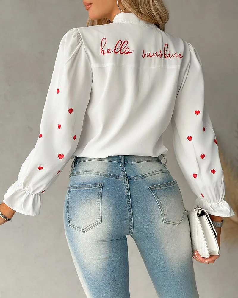 Letter Heart Embroidery Buttoned Top