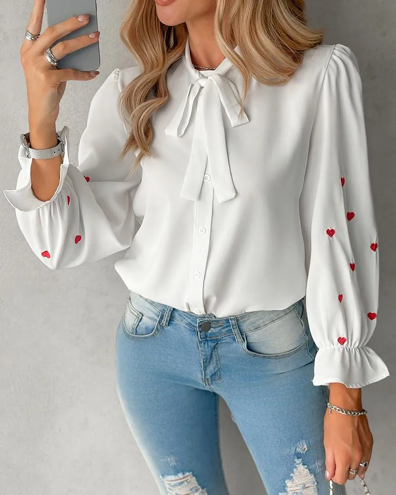 Letter Heart Embroidery Buttoned Top