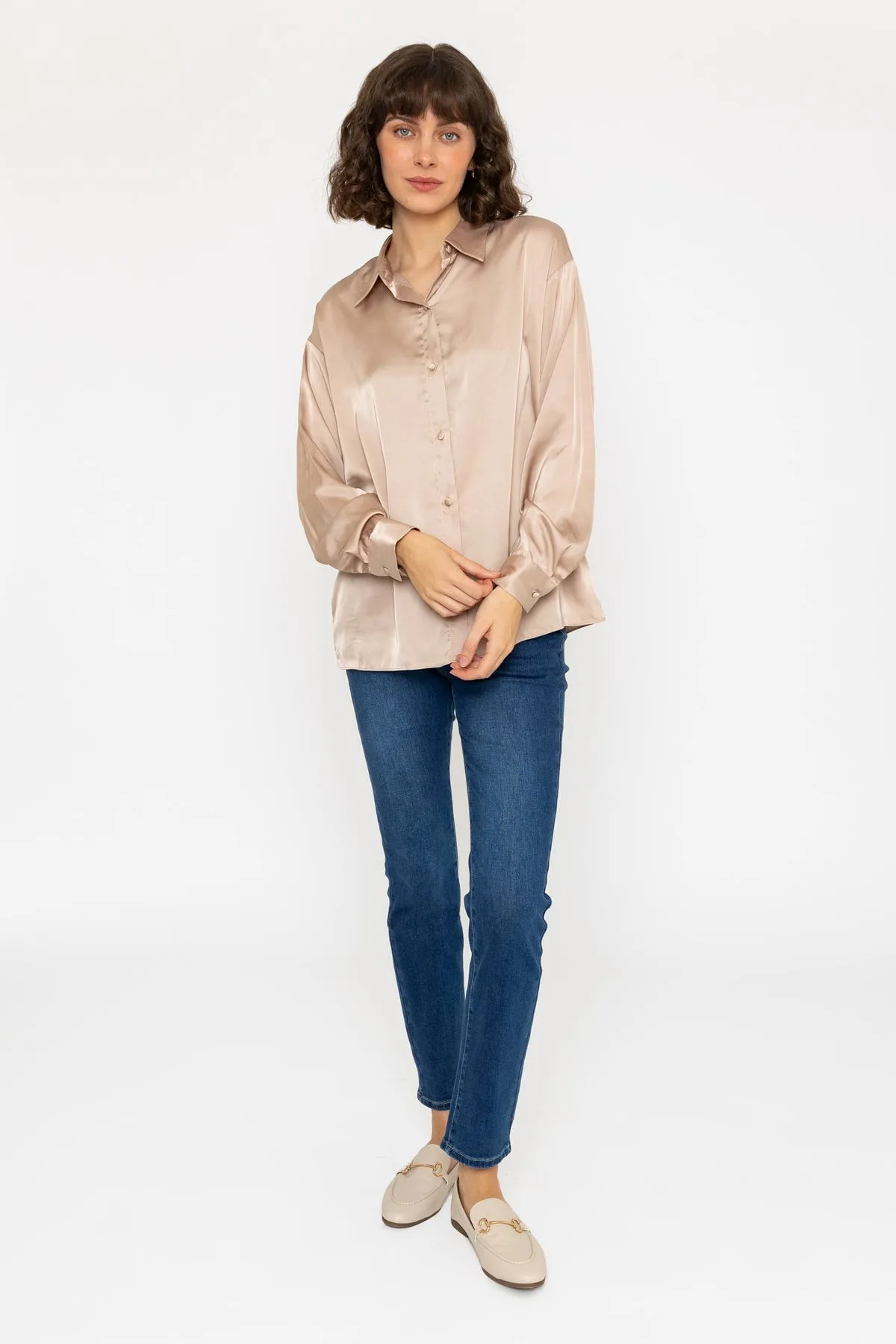 Long Sleeve Satin Oversized Blouse in Beige