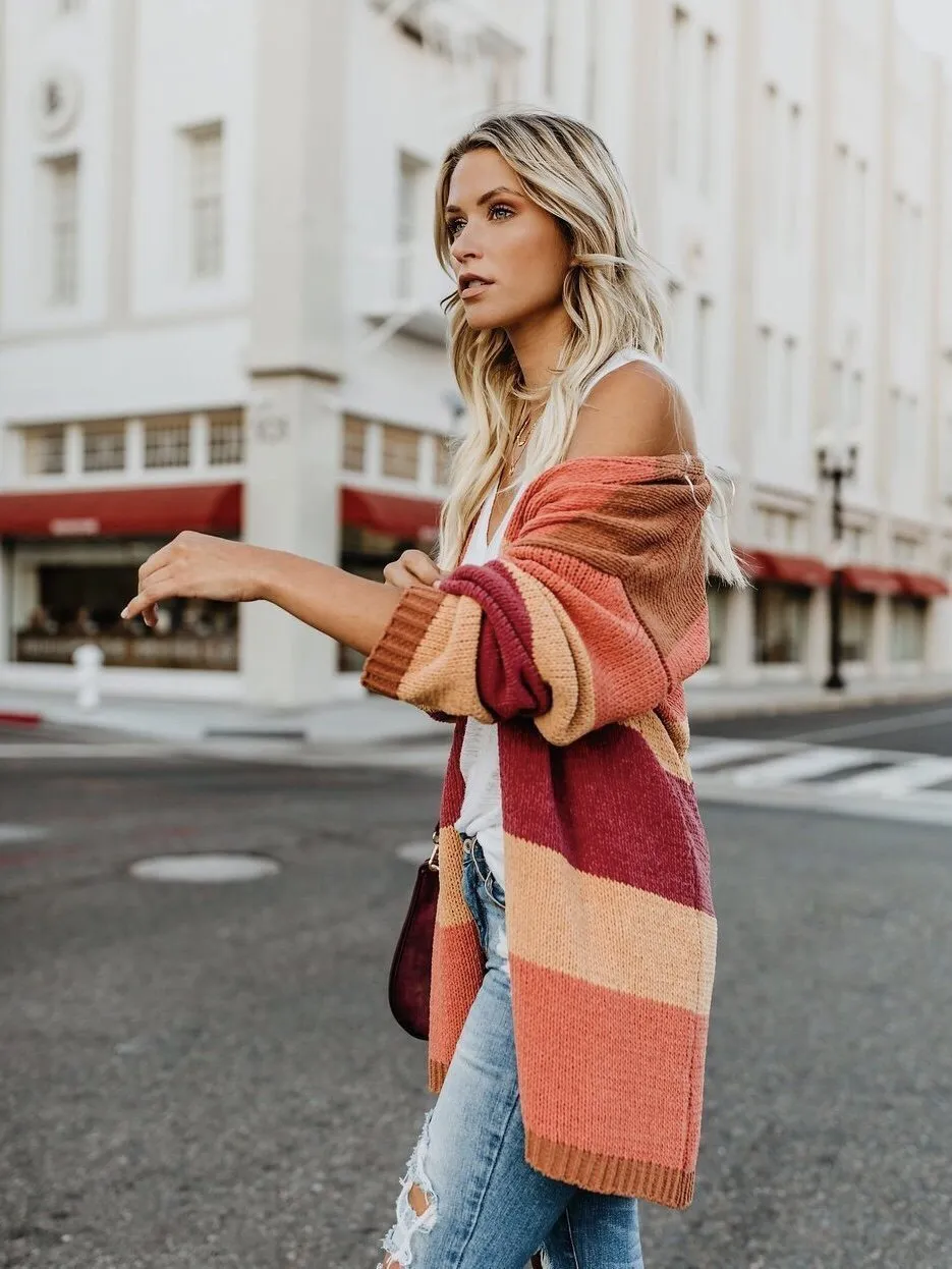 Loose Striped Cardigan Tops