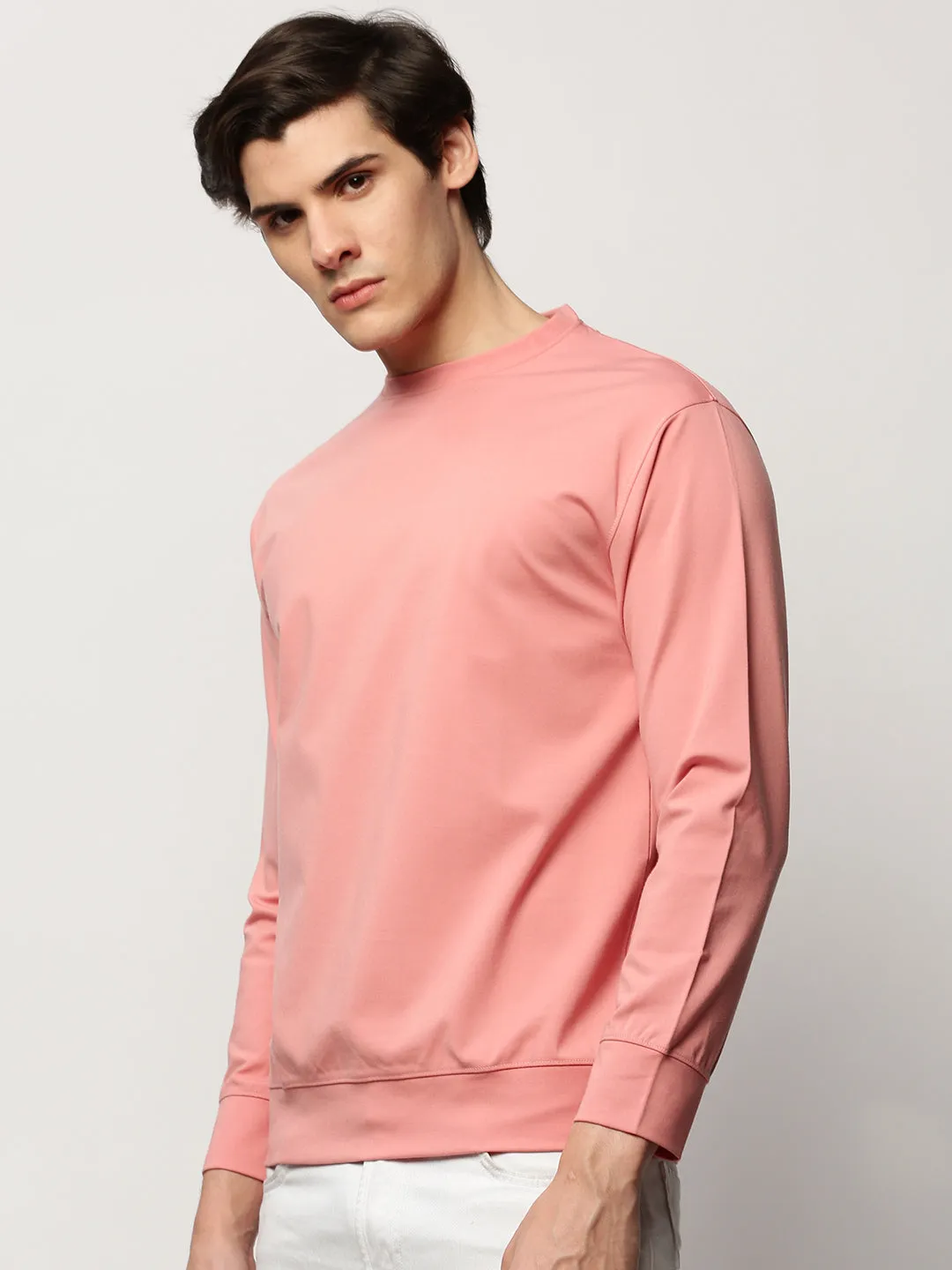 Men Peach Solid Casual Sweatshirts