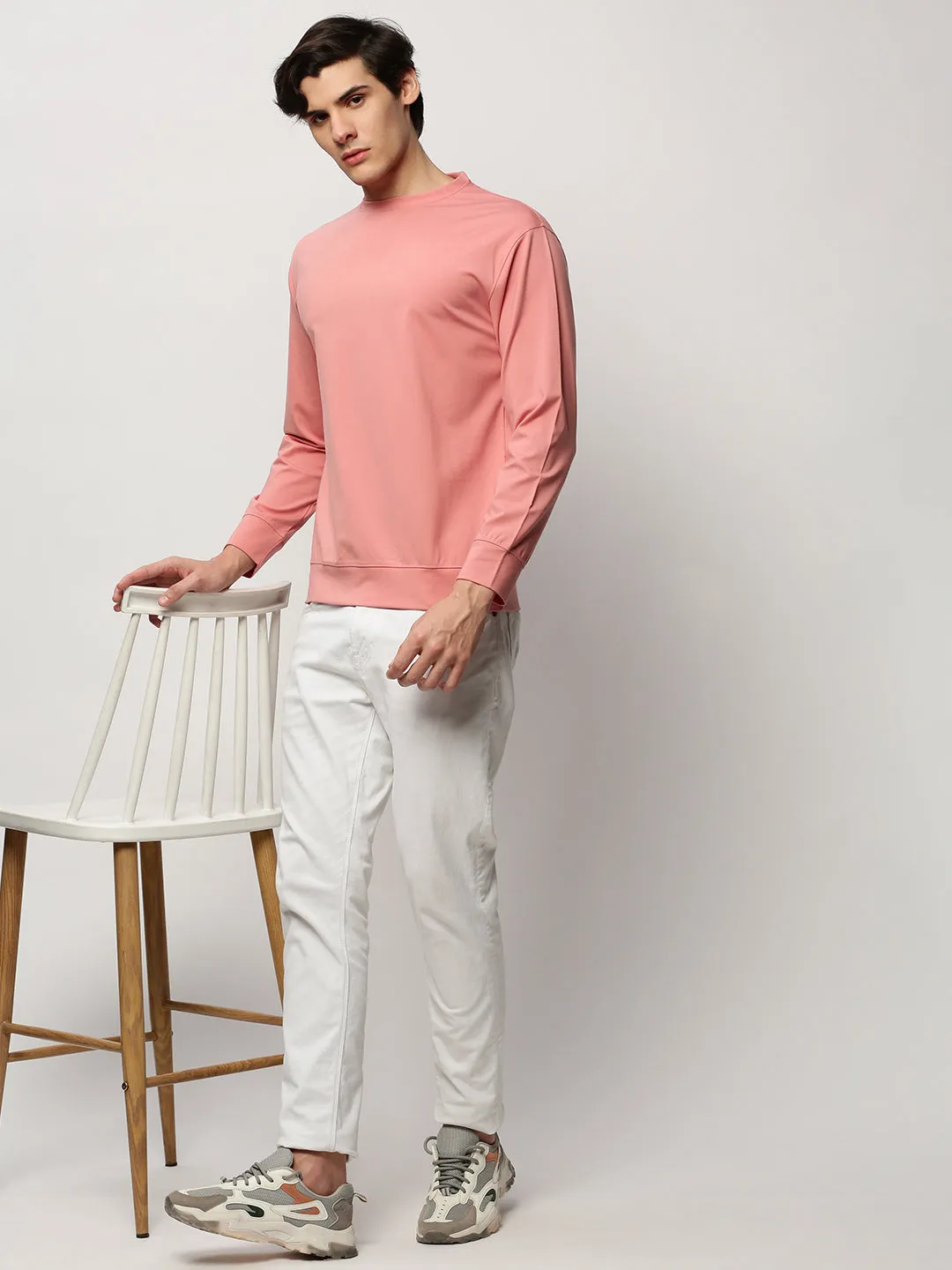 Men Peach Solid Casual Sweatshirts