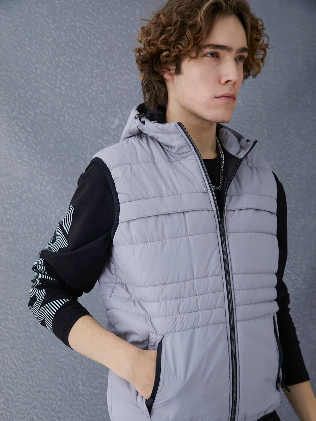 Men Regular Fit Premium Multi Pocket Grey Sleeveless Hooded Jacket