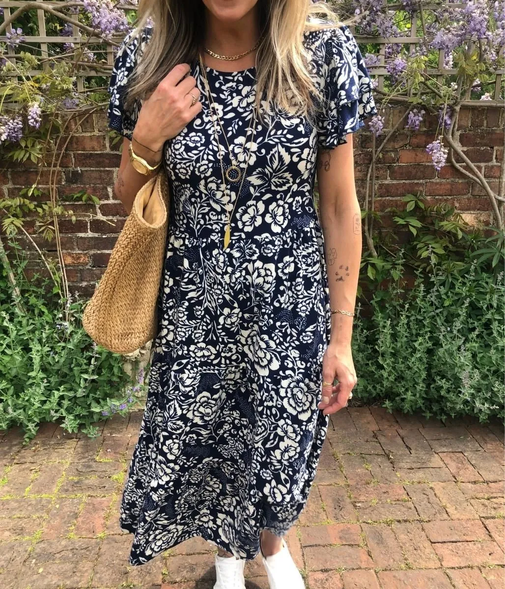 Navy Baroque Stretch Midi Dress