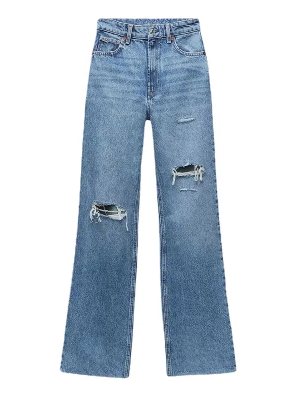 New high waist versatile ripped blue wide leg jeans