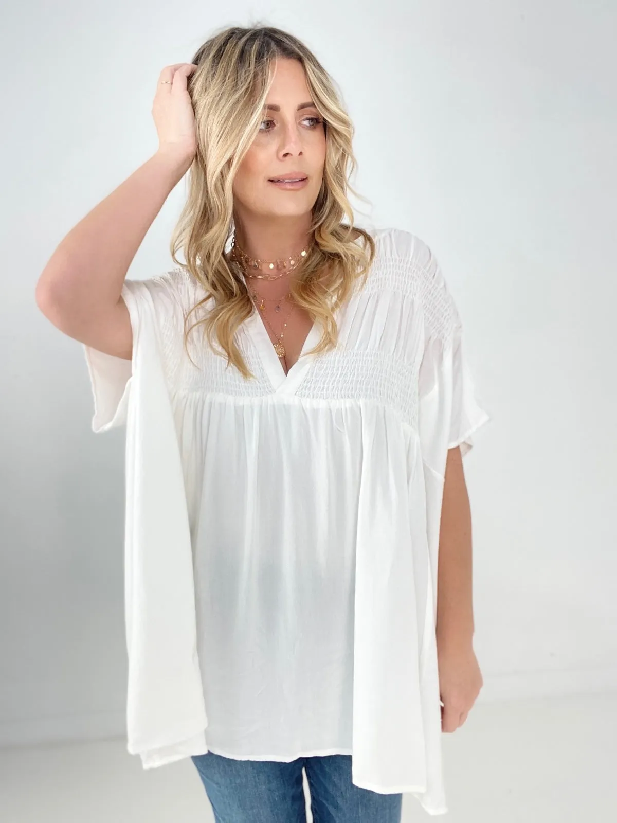 Oli & Hali Mineral Washed Smocked Deep V Blouse