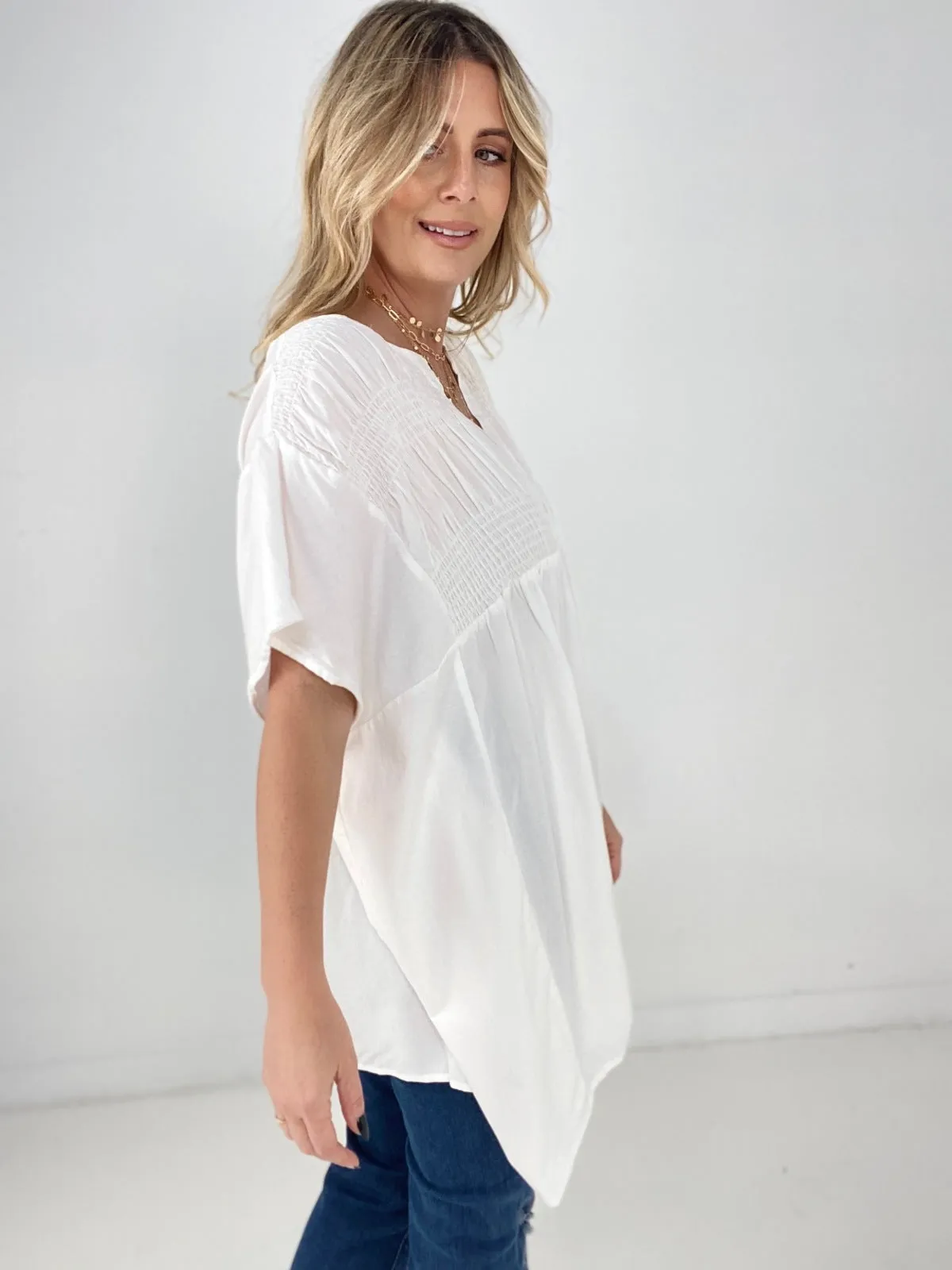 Oli & Hali Mineral Washed Smocked Deep V Blouse