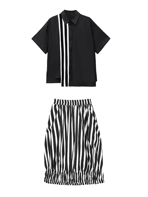 Original Striped Irregularity Blouse Tops Skirt Suits