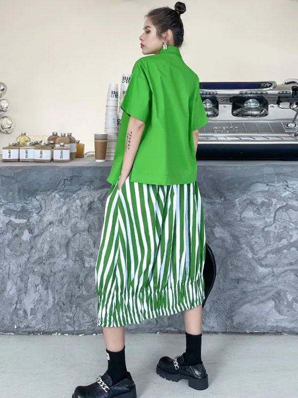 Original Striped Irregularity Blouse Tops Skirt Suits