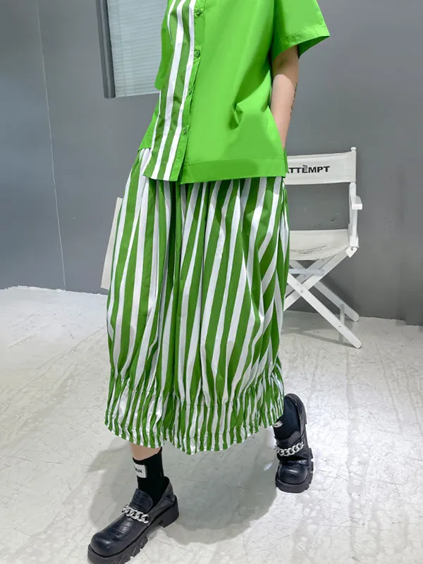 Original Striped Irregularity Blouse Tops Skirt Suits