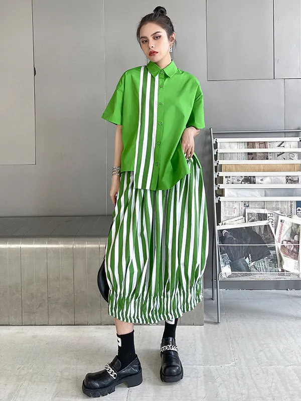 Original Striped Irregularity Blouse Tops Skirt Suits