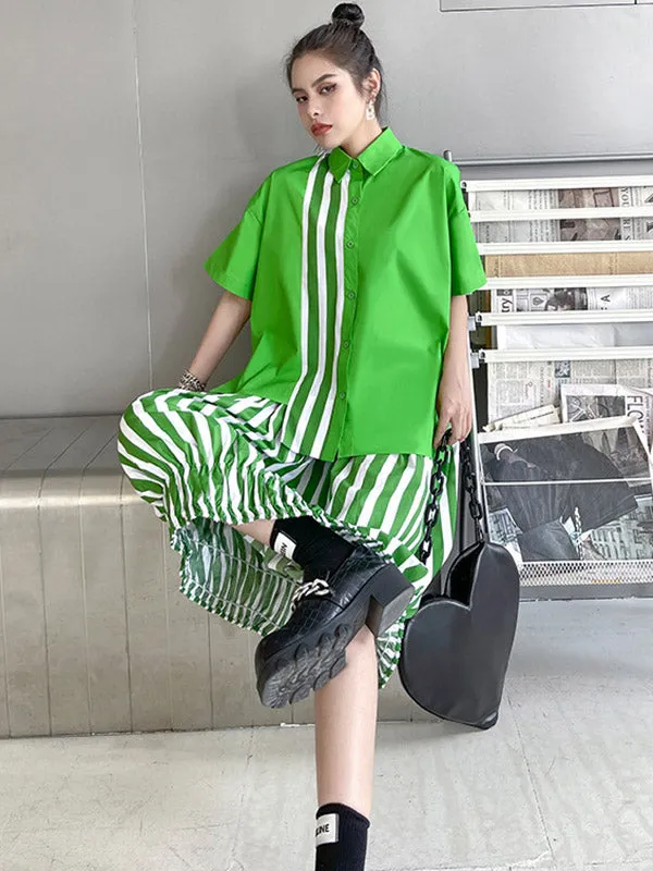 Original Striped Irregularity Blouse Tops Skirt Suits