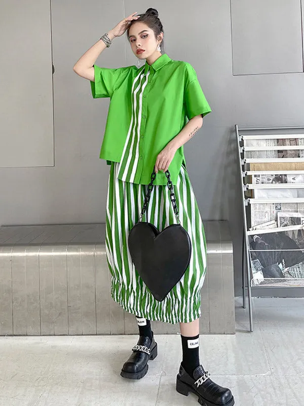 Original Striped Irregularity Blouse Tops Skirt Suits