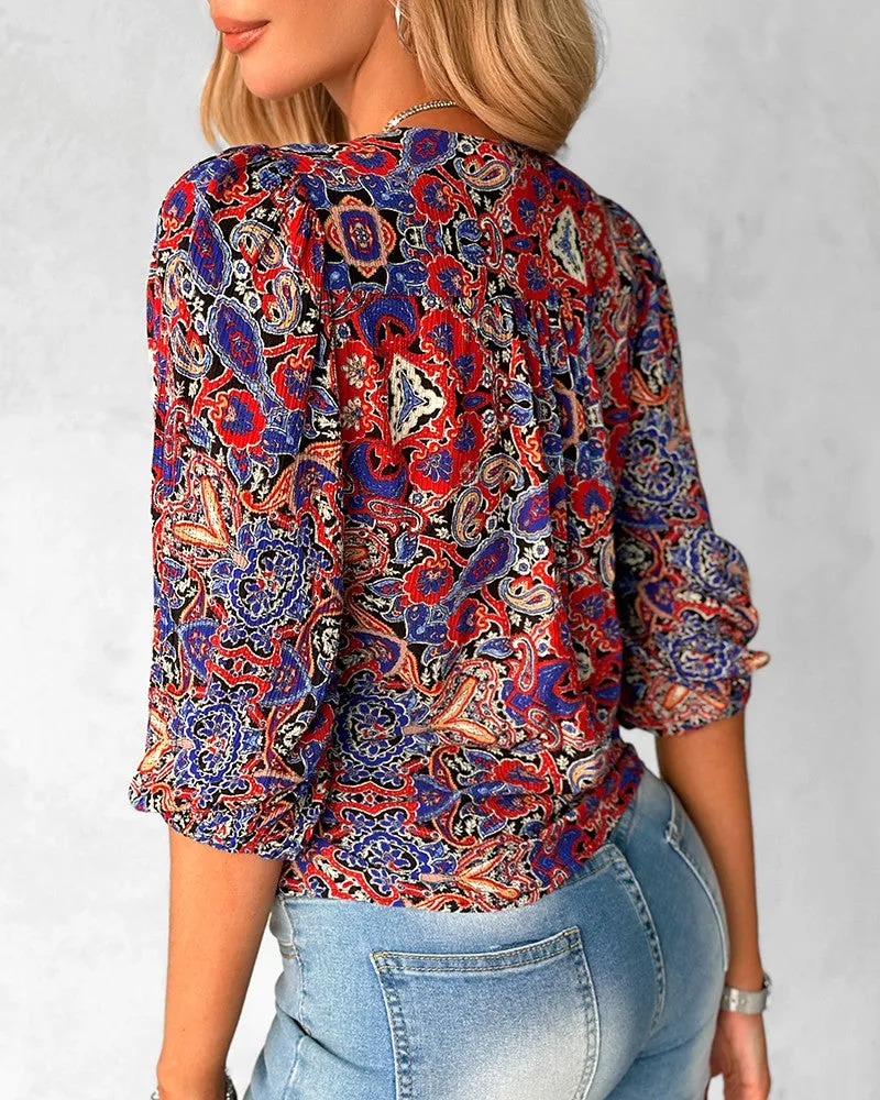 Paisley Print Overlap V Neck Top