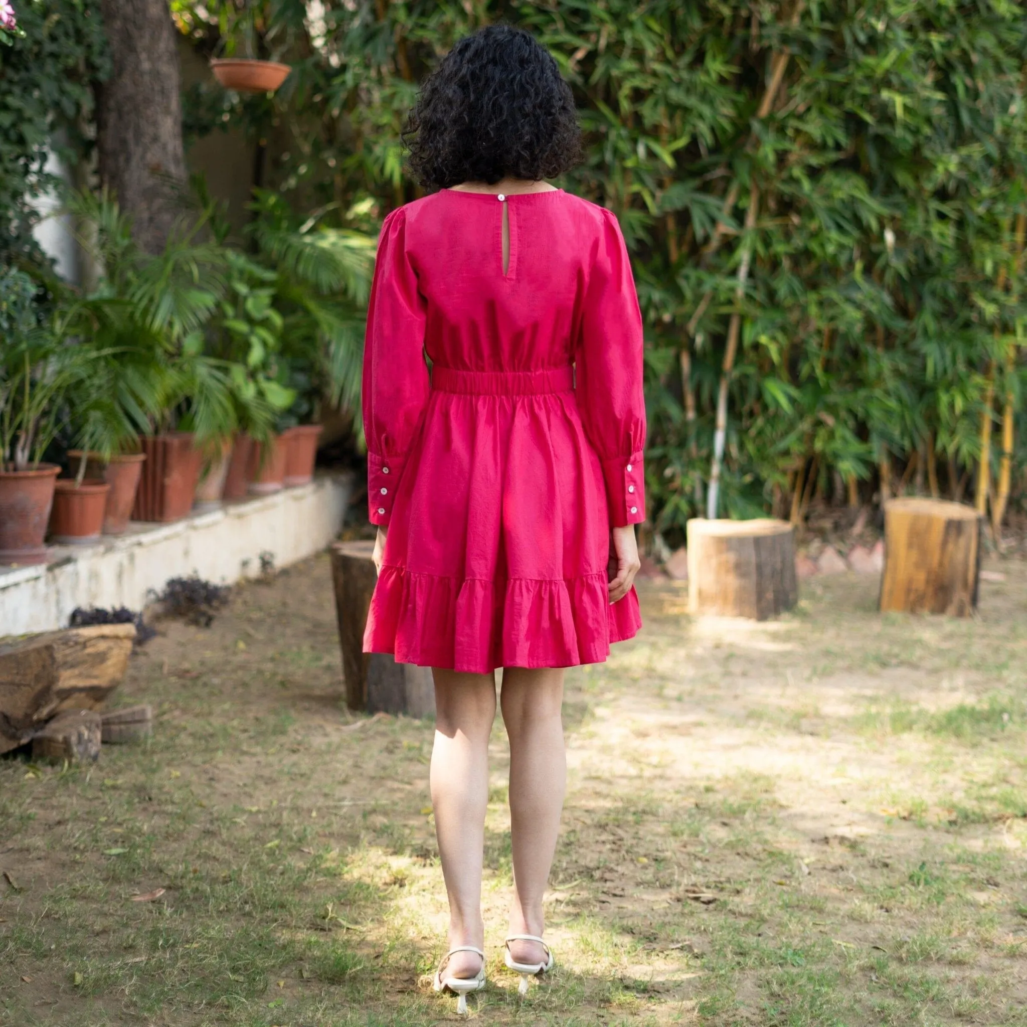 Pink Cotton Poplin Gathered Short Tier Dress