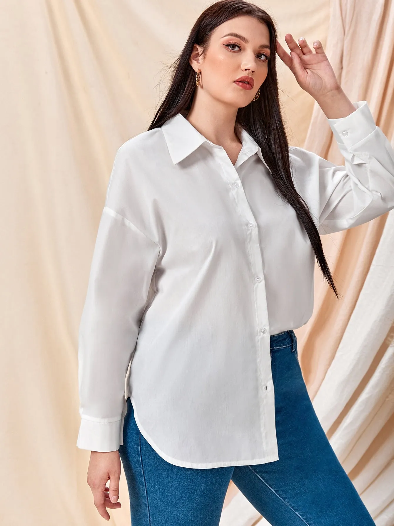 Plain Button Front Long Sleeve Collar Semi-Sheer Long Plus Size Blouse