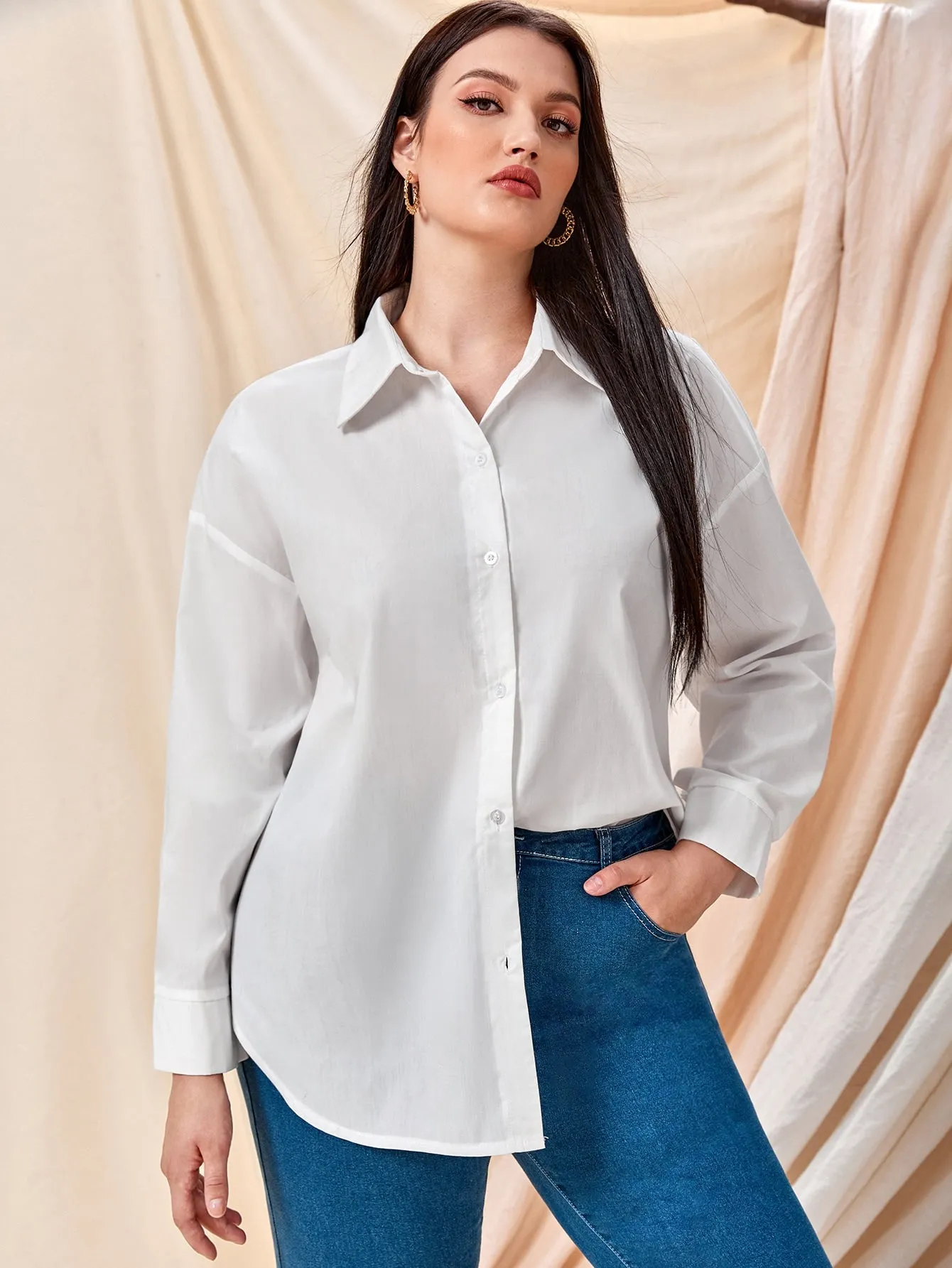 Plain Button Front Long Sleeve Collar Semi-Sheer Long Plus Size Blouse