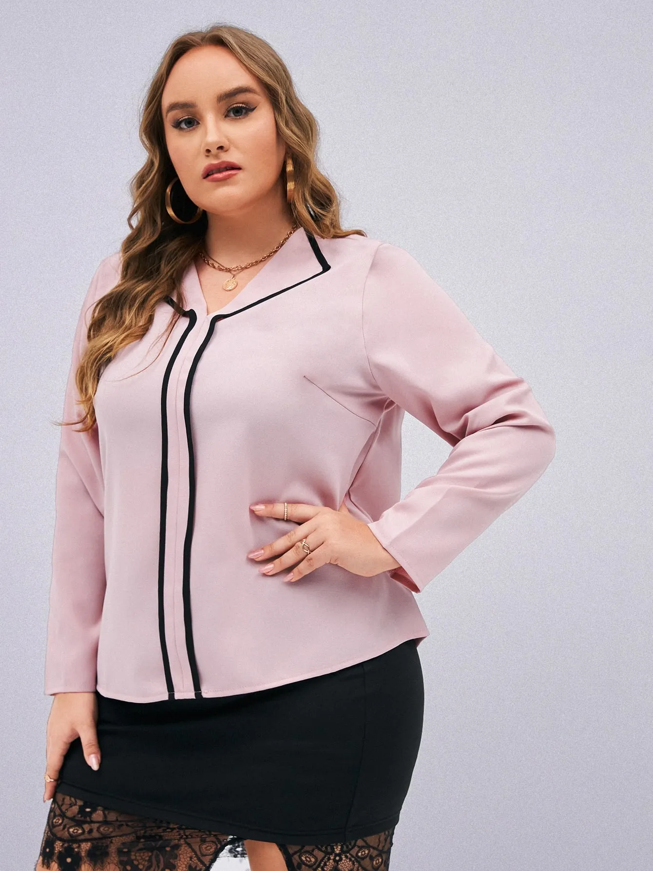 Plain Contrast Binding Long Sleeve V Neck Regular Plus Size Blouse