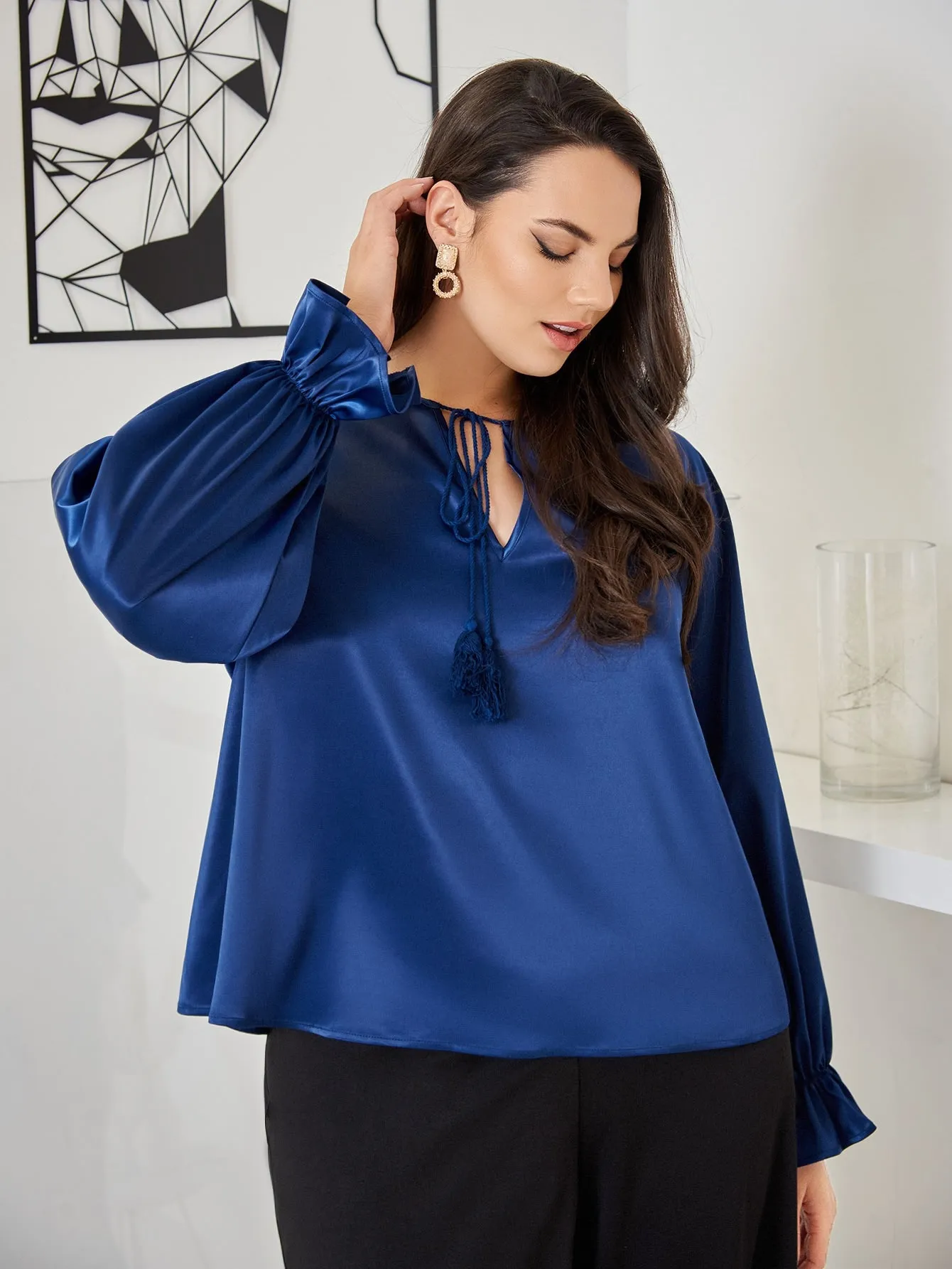 Plain Ruffle Long Sleeve Tie Neck Regular Plus Size Blouse