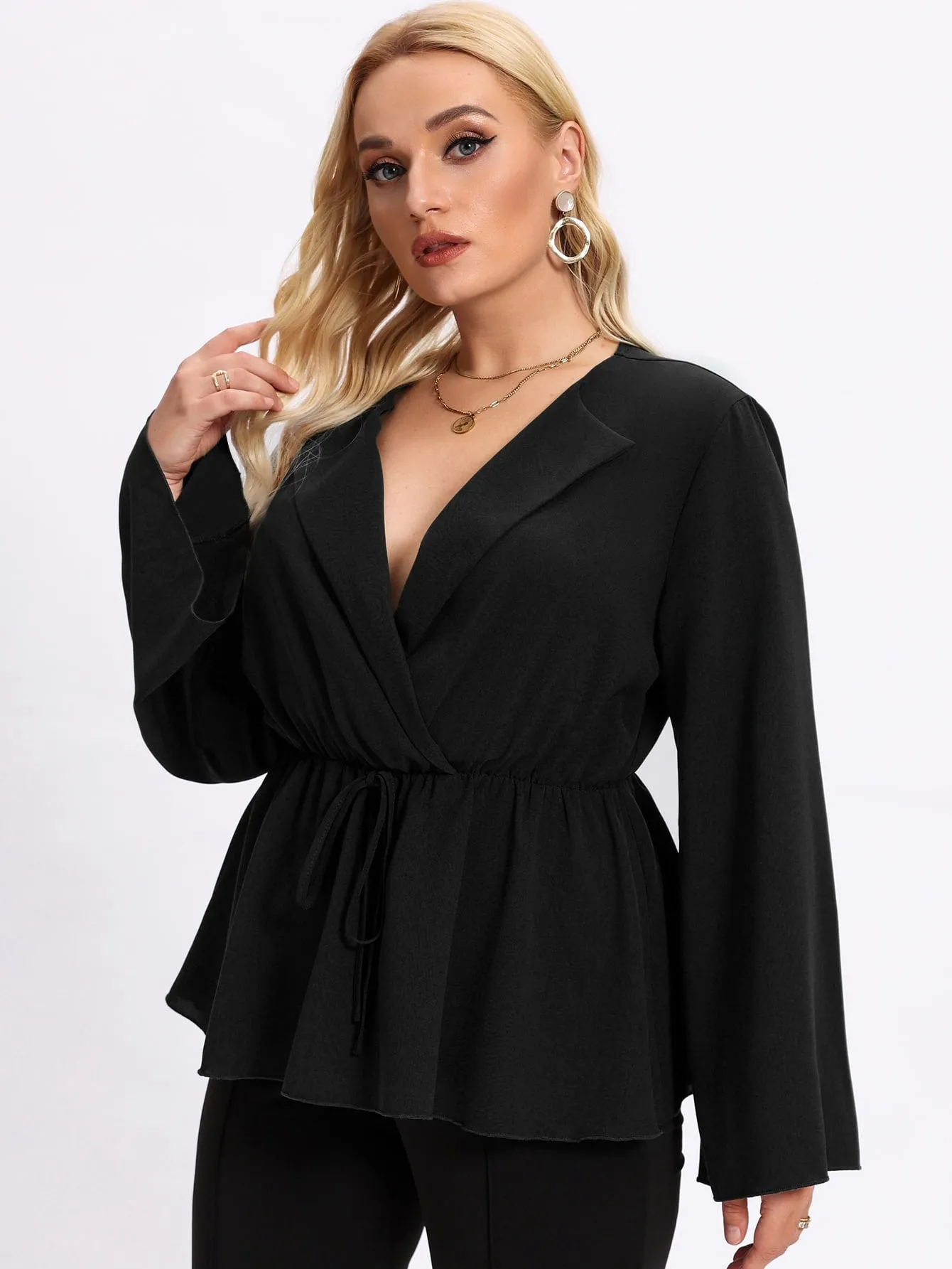 Plain Tie Front Long Sleeve V Neck Regular Plus Size Blouse