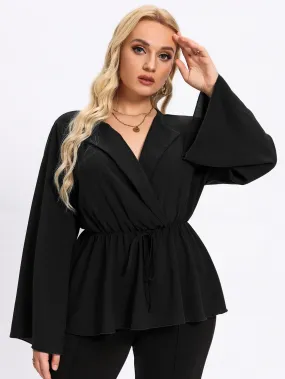 Plain Tie Front Long Sleeve V Neck Regular Plus Size Blouse