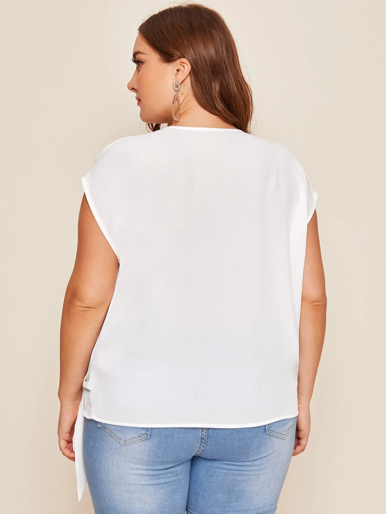 Plain Wrap Cap Sleeve V Neck Regular Plus Size Blouse