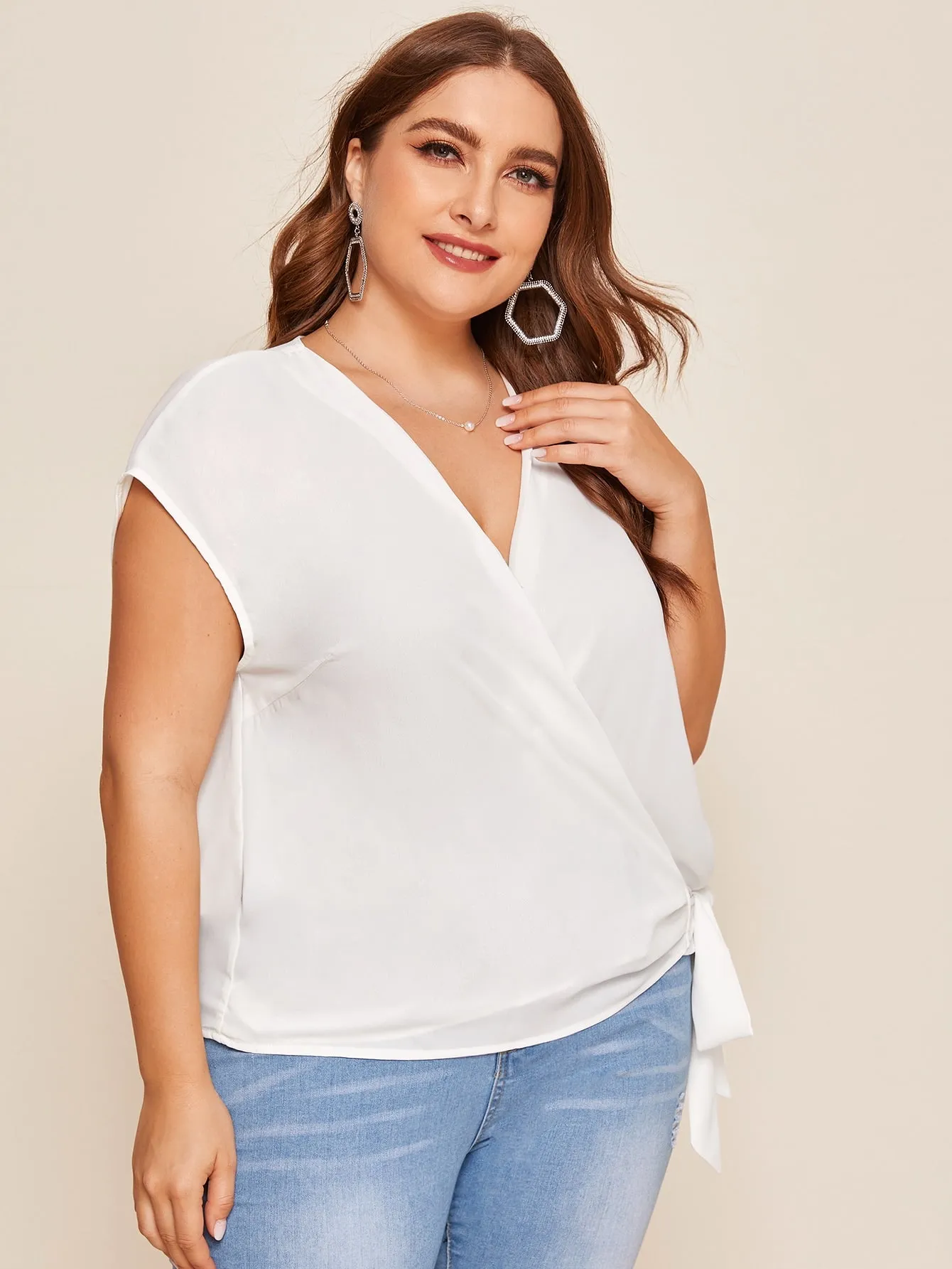 Plain Wrap Cap Sleeve V Neck Regular Plus Size Blouse