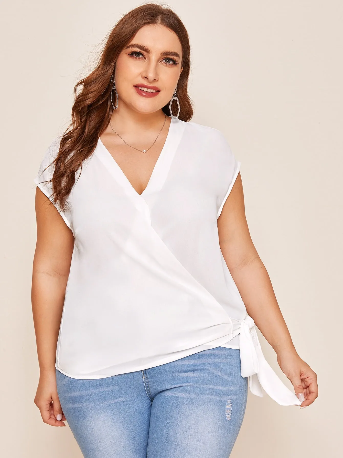 Plain Wrap Cap Sleeve V Neck Regular Plus Size Blouse