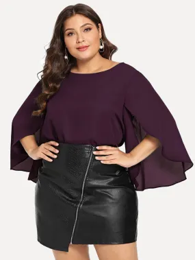 Plain Wrap Three Quarter Length Sleeve Round Neck Regular Plus Size Blouse