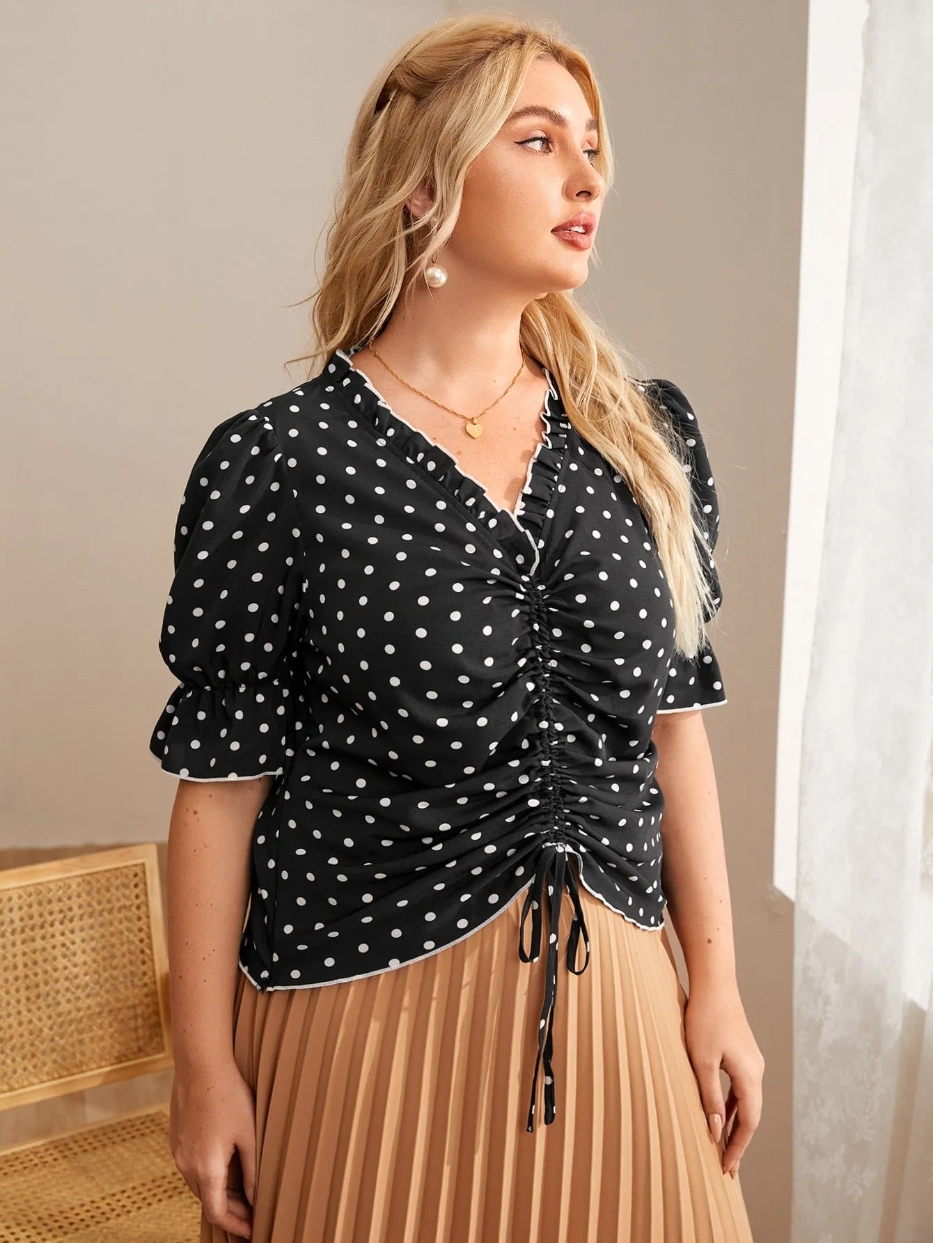 Polka Dot Frill Half Sleeve V Neck Regular Plus Size Blouse