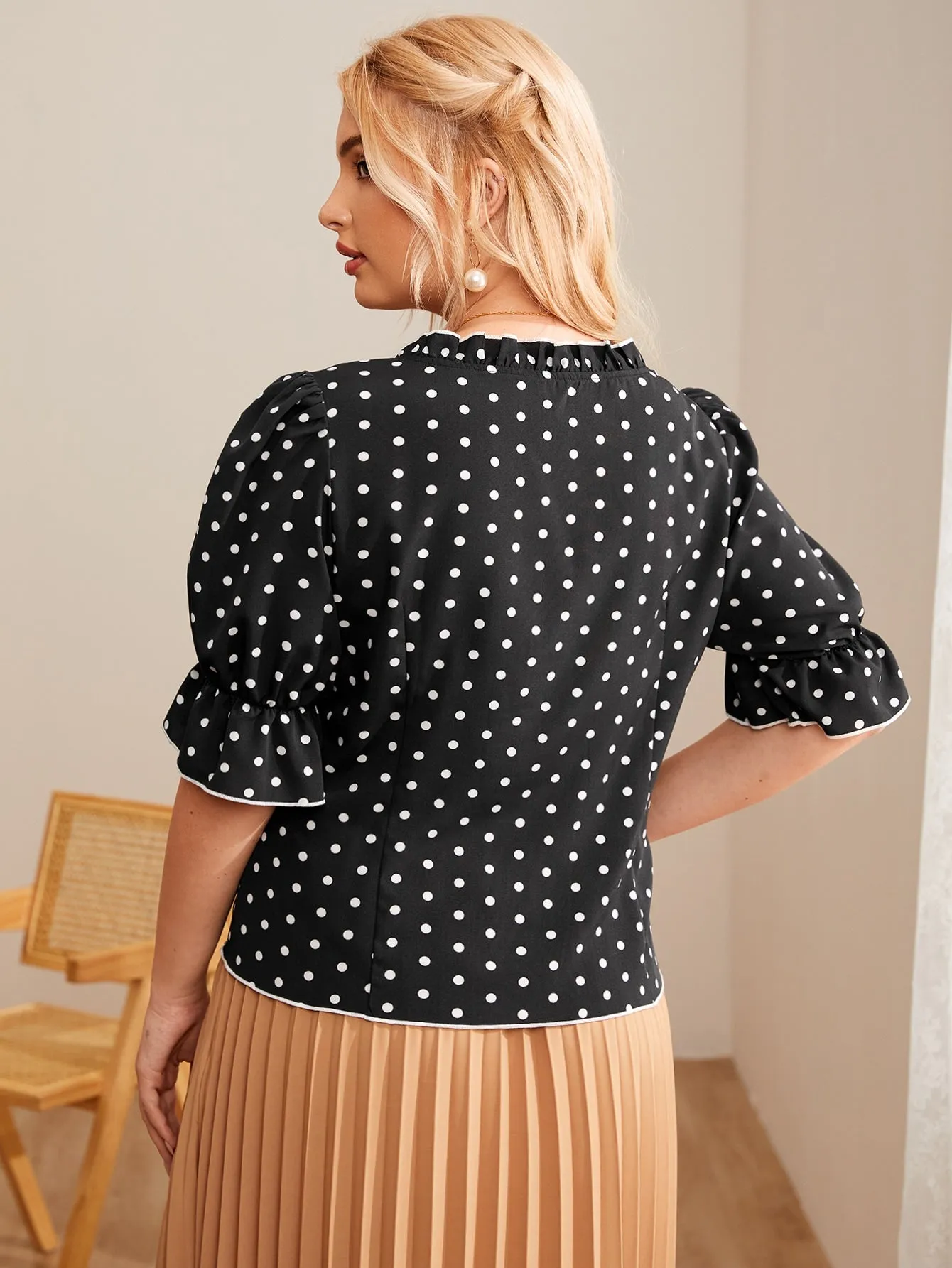 Polka Dot Frill Half Sleeve V Neck Regular Plus Size Blouse