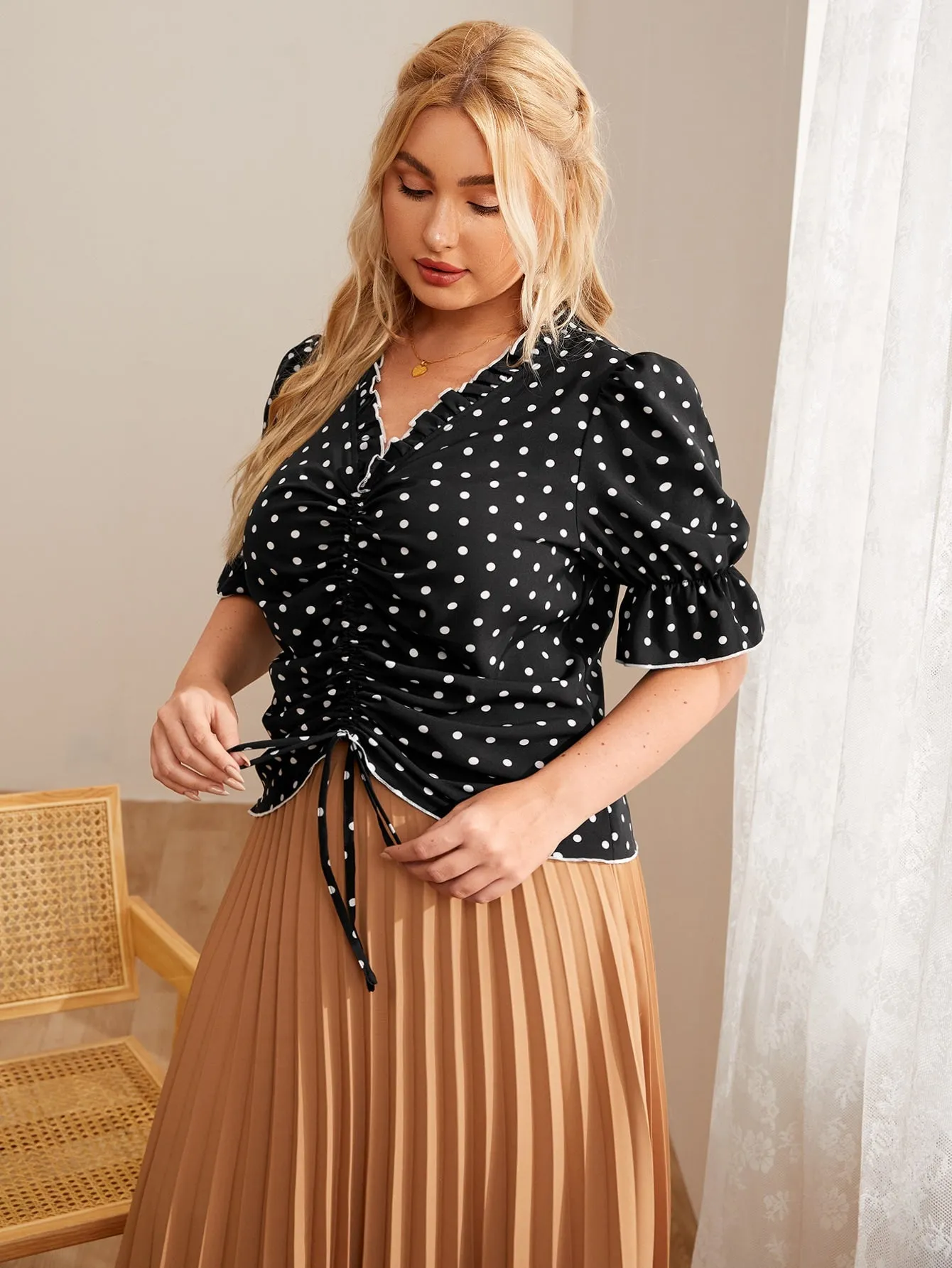 Polka Dot Frill Half Sleeve V Neck Regular Plus Size Blouse