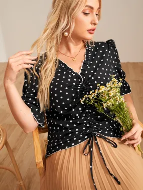 Polka Dot Frill Half Sleeve V Neck Regular Plus Size Blouse