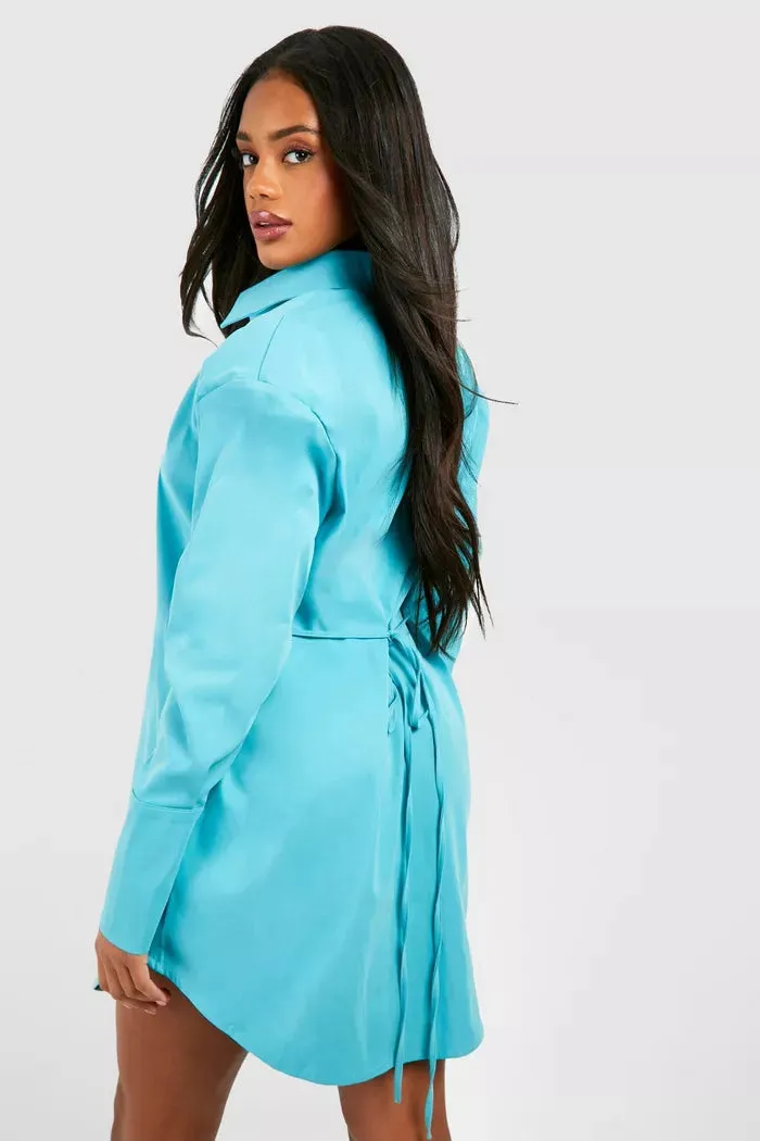 Poplin cinched wiast shoulder pad shirt dress in blue