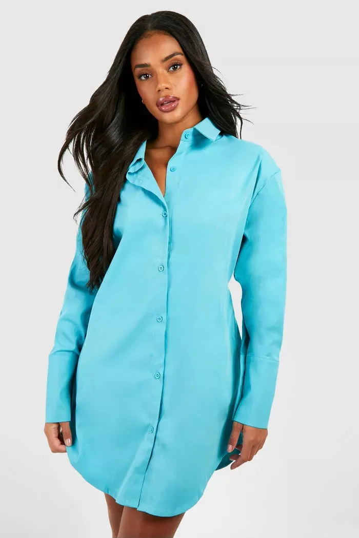 Poplin cinched wiast shoulder pad shirt dress in blue