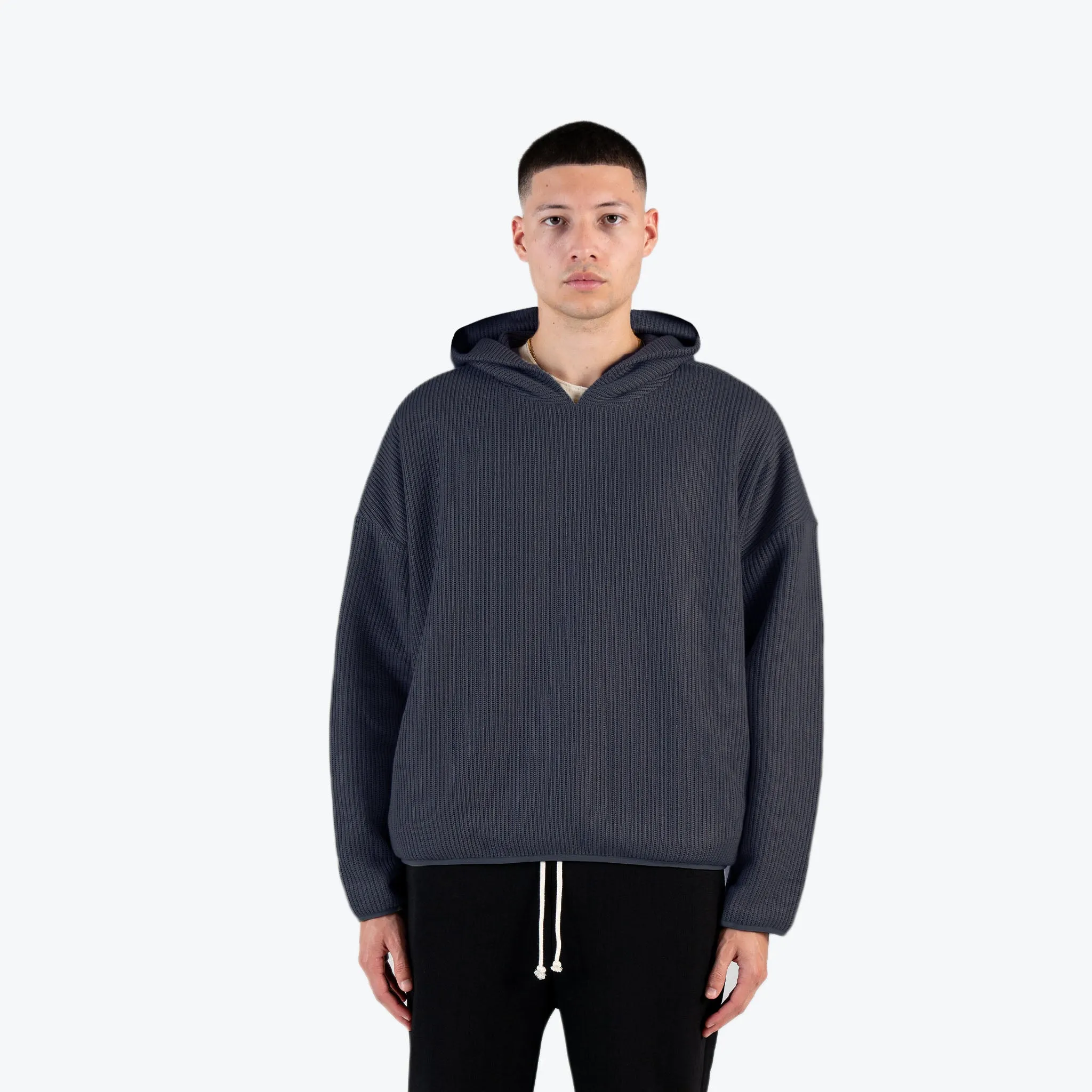 PREMIUM CABLE KNIT HOODIE - SLATE BLUE