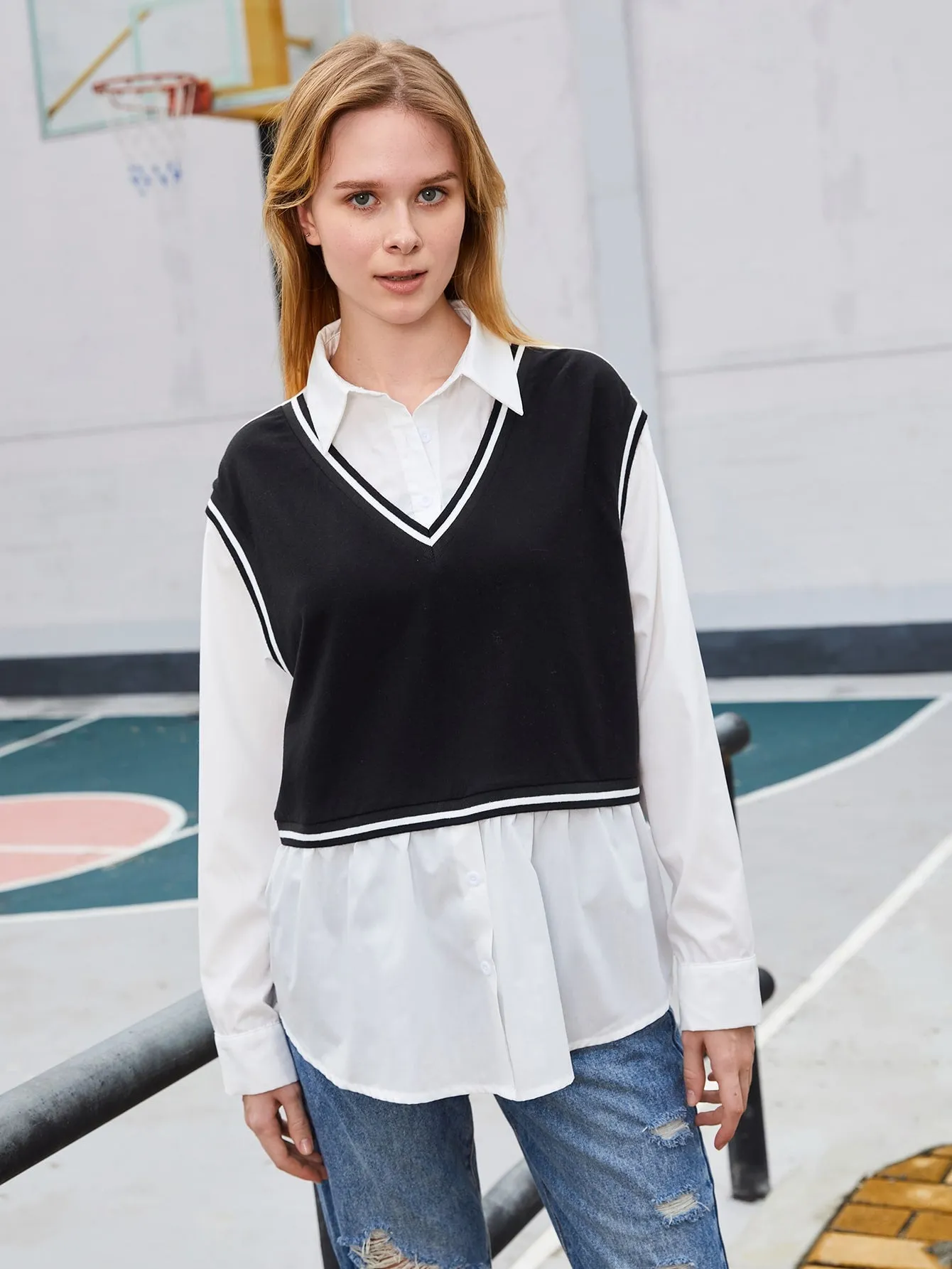 Preppy Colorblock Button Long Sleeve Collar Regular Blouse