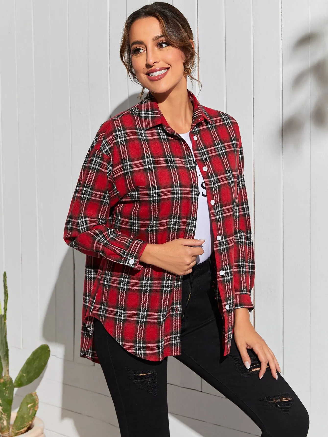 Preppy Tartan Button Front Long Sleeve Collar Long Blouse