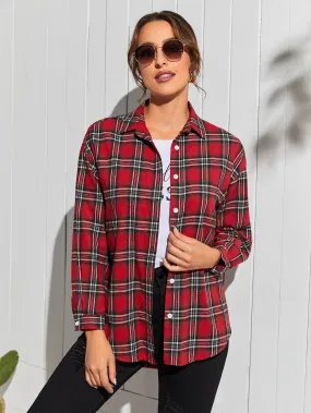 Preppy Tartan Button Front Long Sleeve Collar Long Blouse