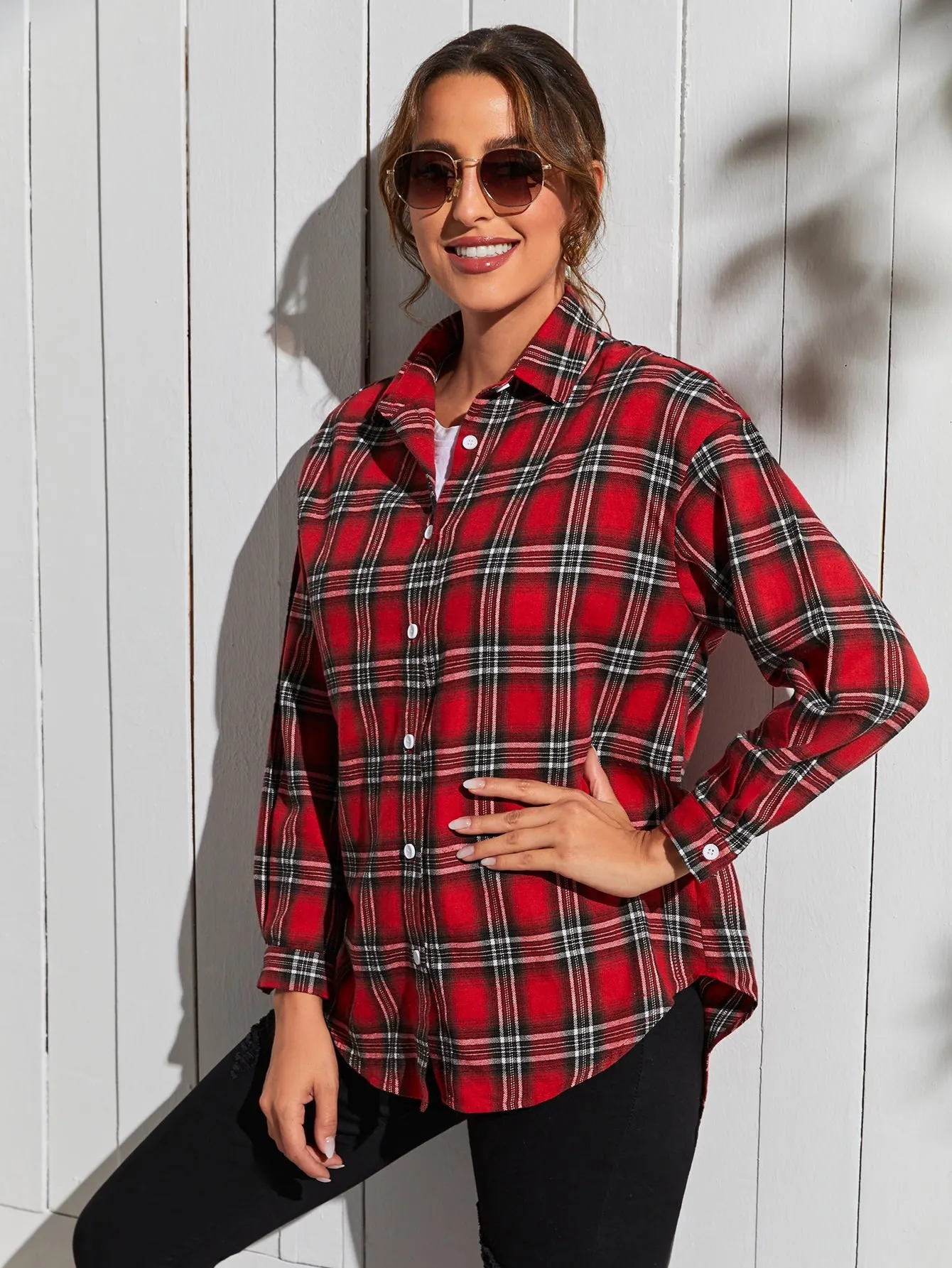 Preppy Tartan Button Front Long Sleeve Collar Long Blouse