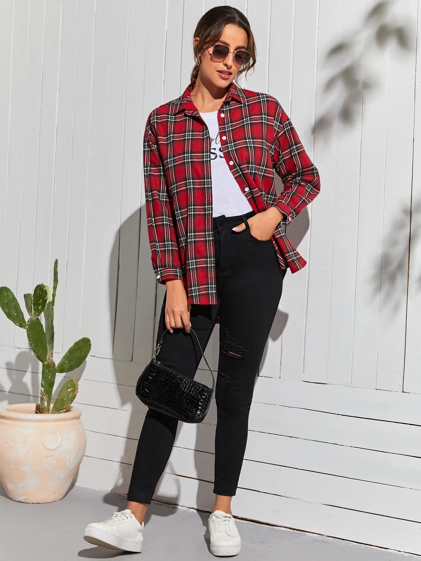 Preppy Tartan Button Front Long Sleeve Collar Long Blouse