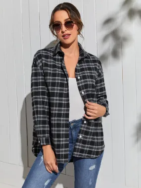 Preppy Tartan Button Front Long Sleeve Collar Regular Blouse